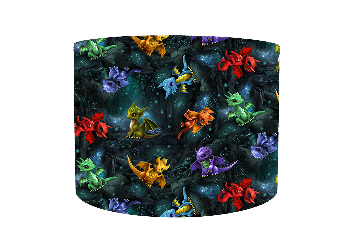 colourful baby dragons drum lampshade. dragons are set on a deep teal and blue background, front view