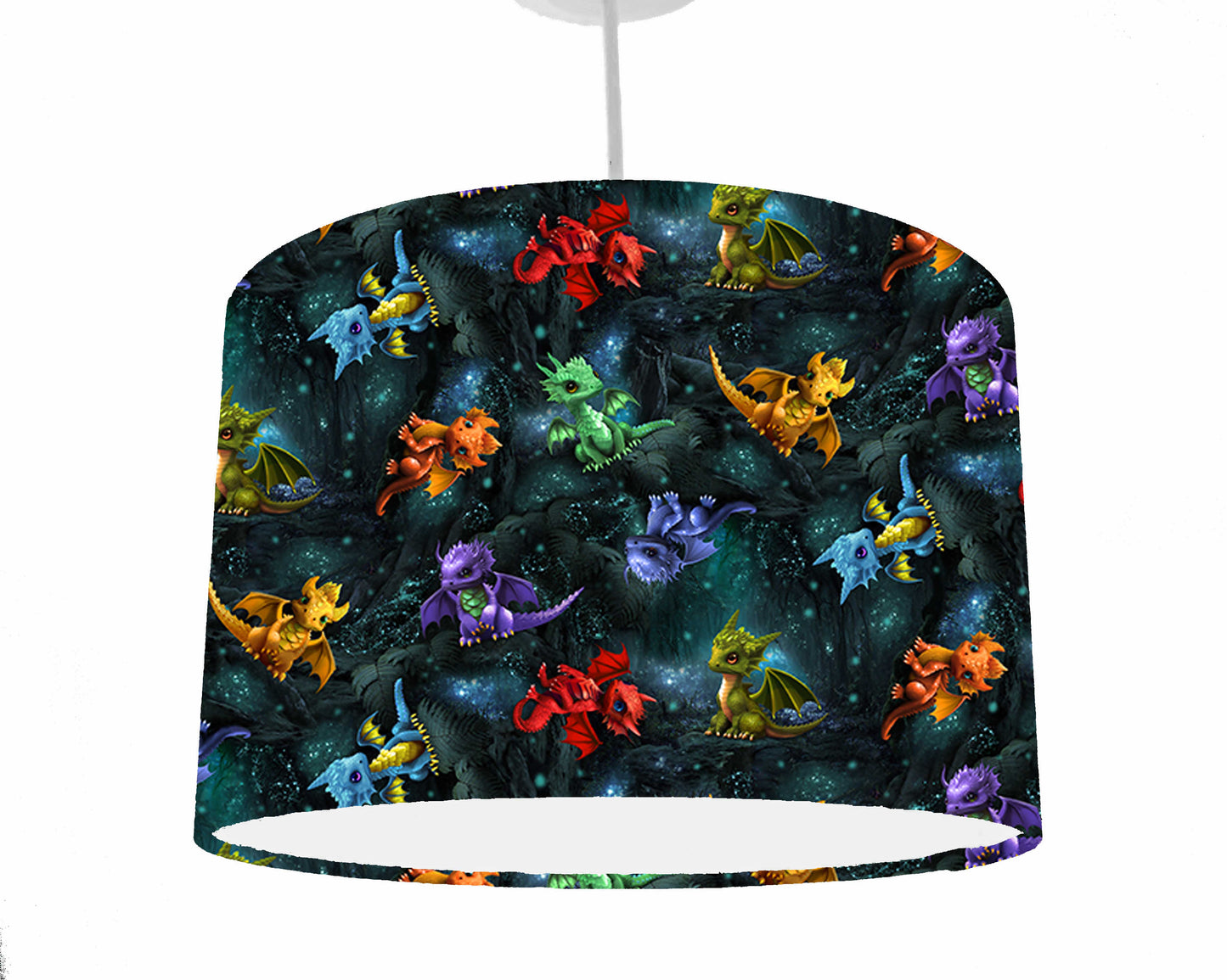a ceiling light shade with brightly coloured baby dragons set on a deep green blue background, ceiling light shade hanging from a ceiling light fixture view
