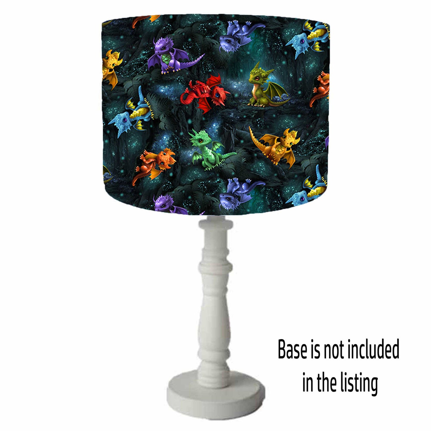 cute baby dragon drum lamp shade, purple red green and gold dragons set on a deep blue green background, the lampshade is shown on a lamp base.