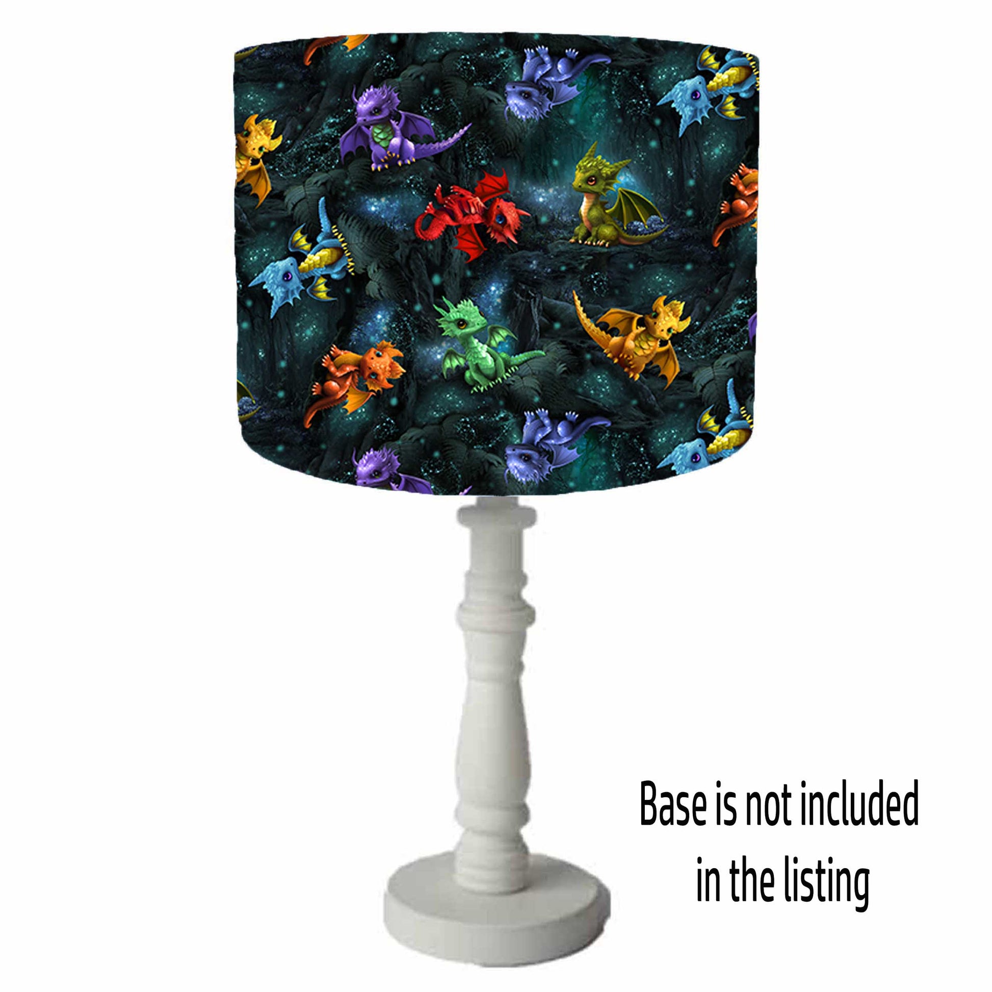 cute baby dragon drum lamp shade, purple red green and gold dragons set on a deep blue green background, the lampshade is shown on a lamp base.