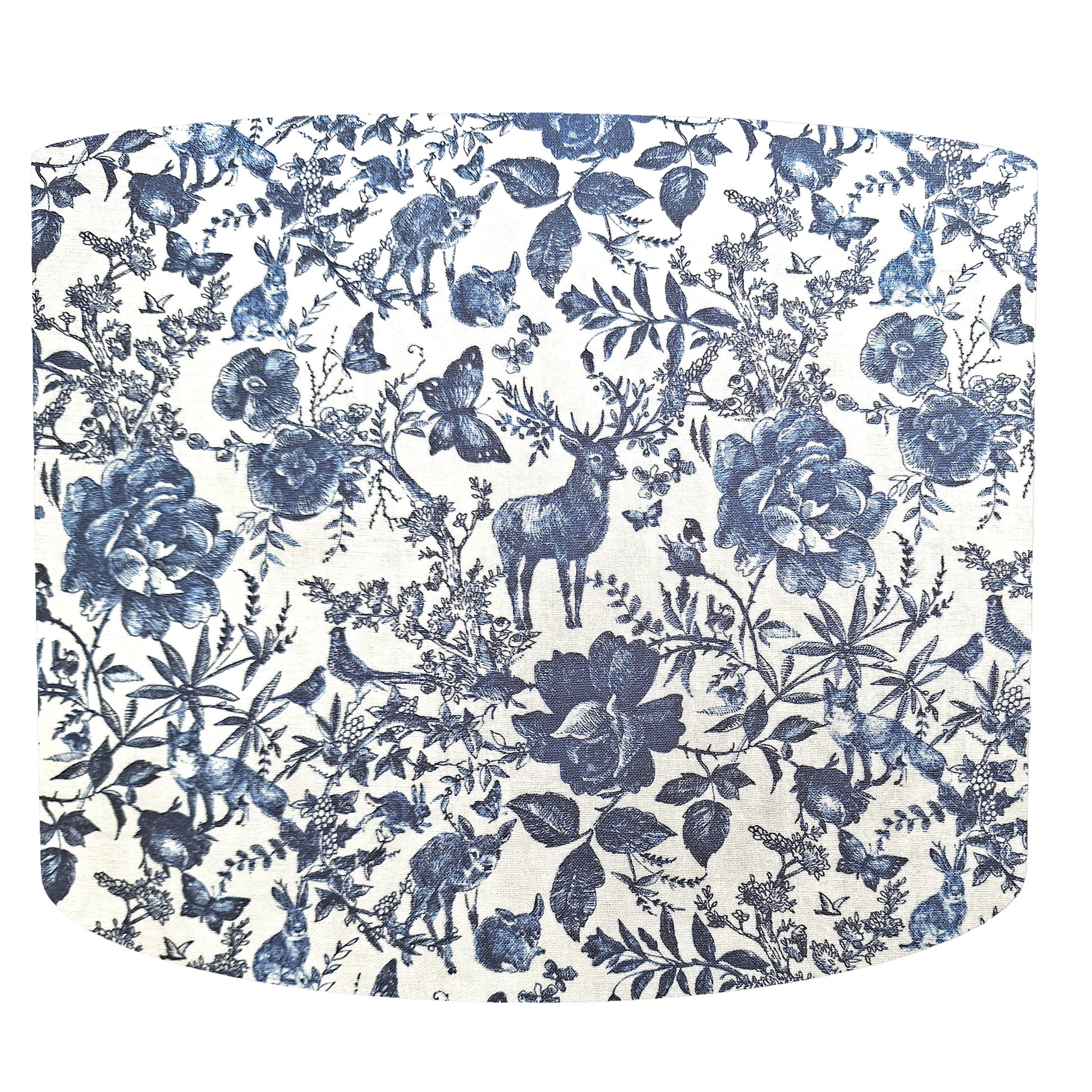 Blue toile forest animals vintage style drum lampshade, front view