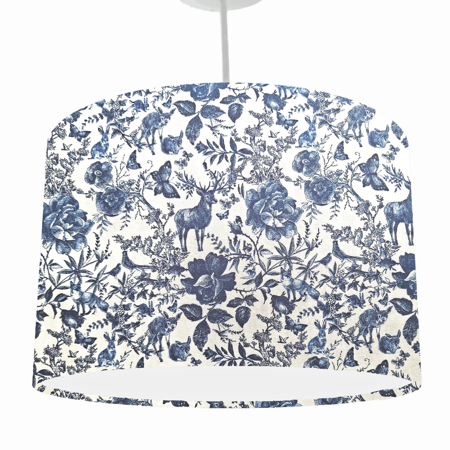 blue and white forest animals ceiling light shade, rustic country style. View from hanging ceiling fixture