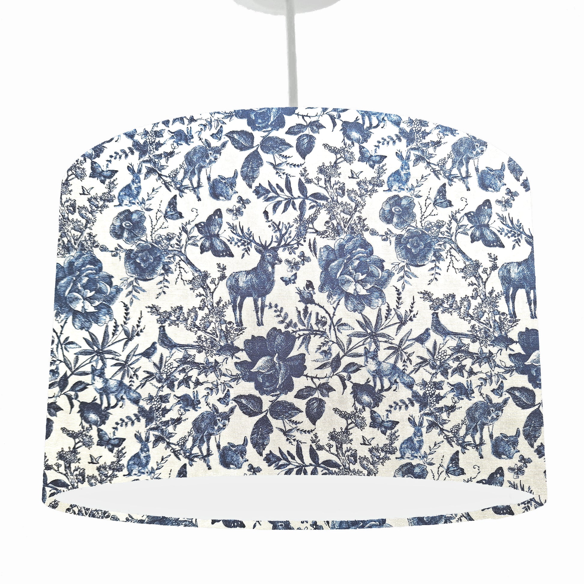 blue and white forest animals ceiling light shade, rustic country style. View from hanging ceiling fixture