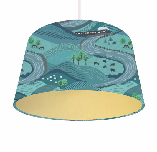 Teal Littondale Lampshade, British Landscape Scenery Home Decor, Metallic Lining