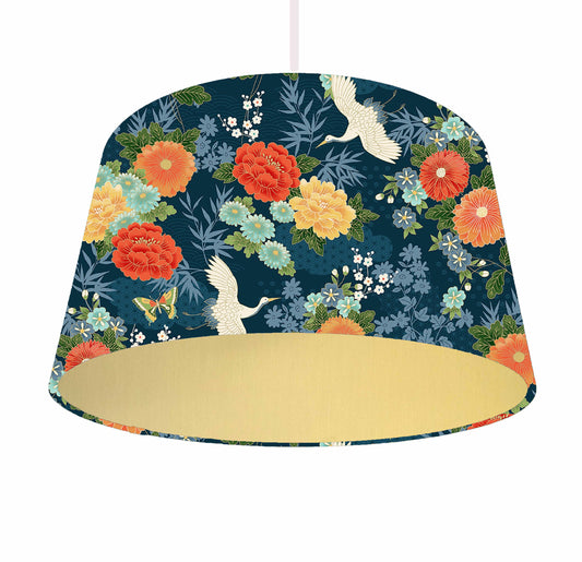 Blue Japanese Garden Lampshade, Floral Home Decor, Metallic Lining