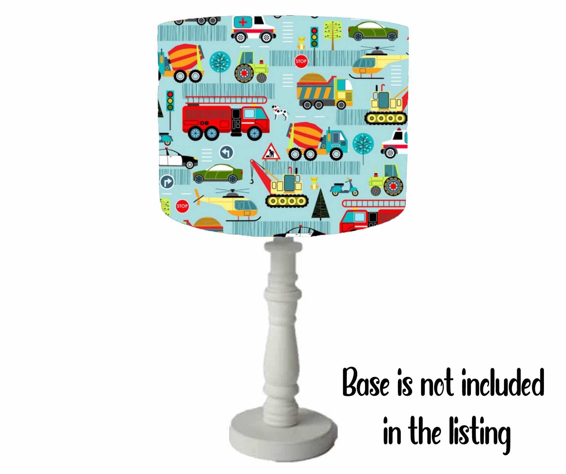 cars and vehicles themed drum table lamp shade. pale blue background with colourful vehicles, table lamp shade view