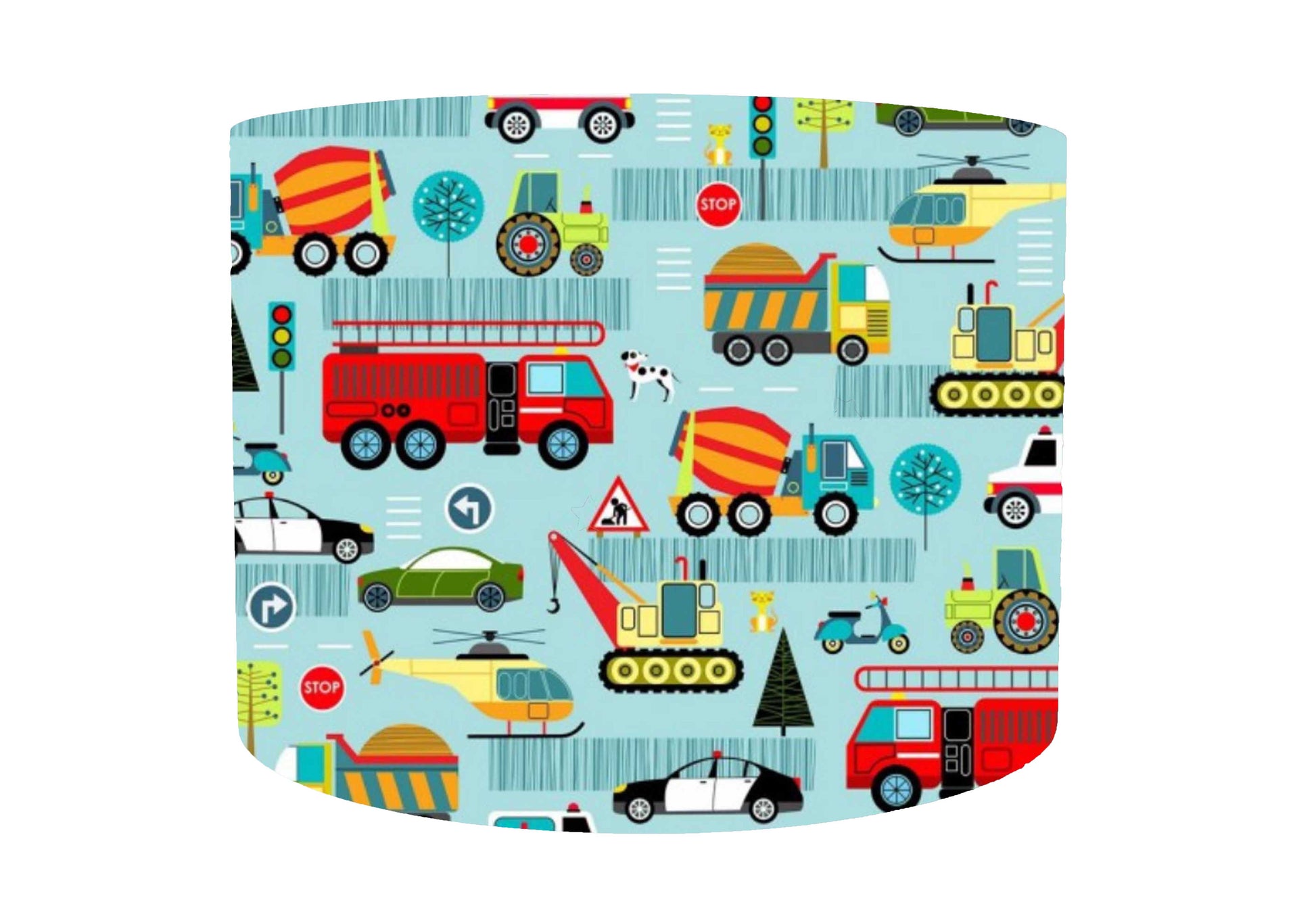 Transport themed drum lampshade.mDifferent types of transportation such as fire engine, trucks, helicopter, tractor set on a pale blue background. Front view