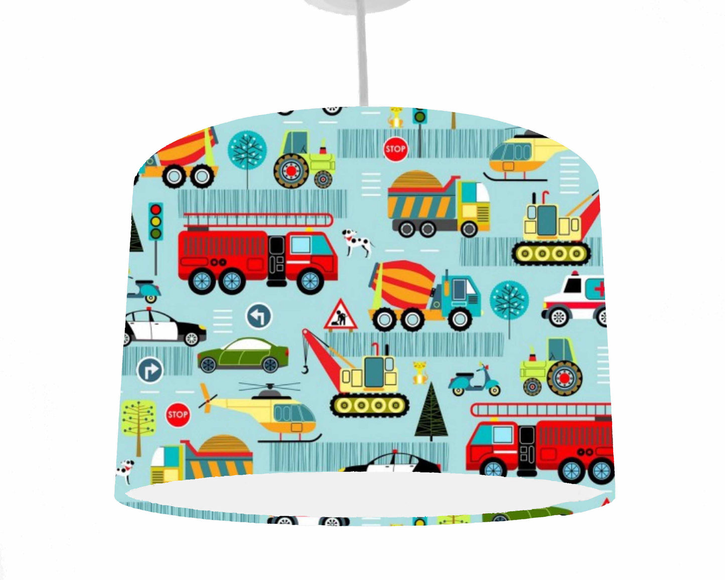 vehicle themed ceiling light shade, including police cars, ambulance, truck with different road signs. Pale blue drum lampshade, ceiling shade view