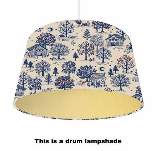 Blue And White Countryside Themed Lamp Shade, Rustic Boho Home Decor, Metallic Lining