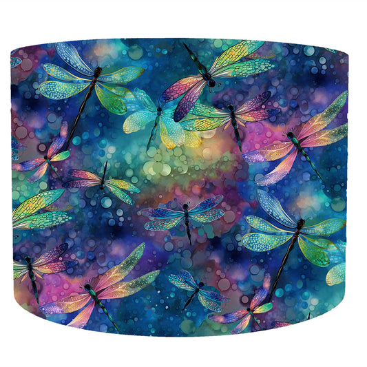 nature themed dragonfly drum lampshade with dragonflies adorned on an iridescent style background. Front view of the lampshade