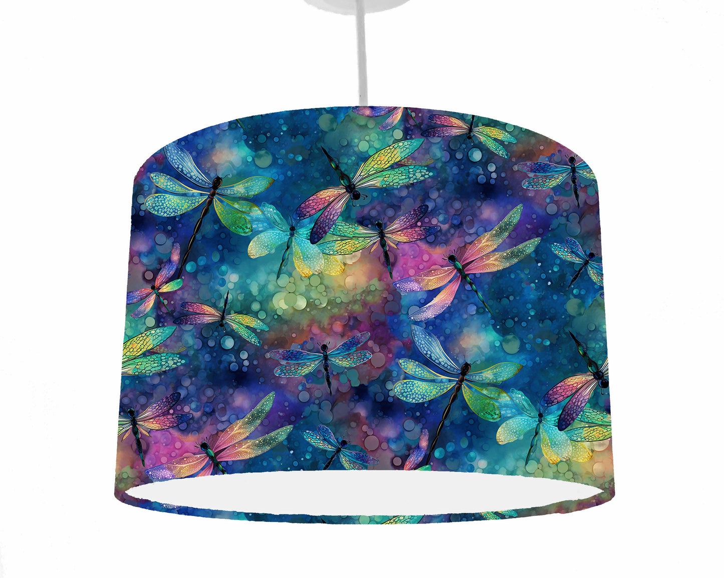 Watercolour effect dragon flies drum light shade. With hues of blue, pink, purple and gold, this is the ceiling light pendant view