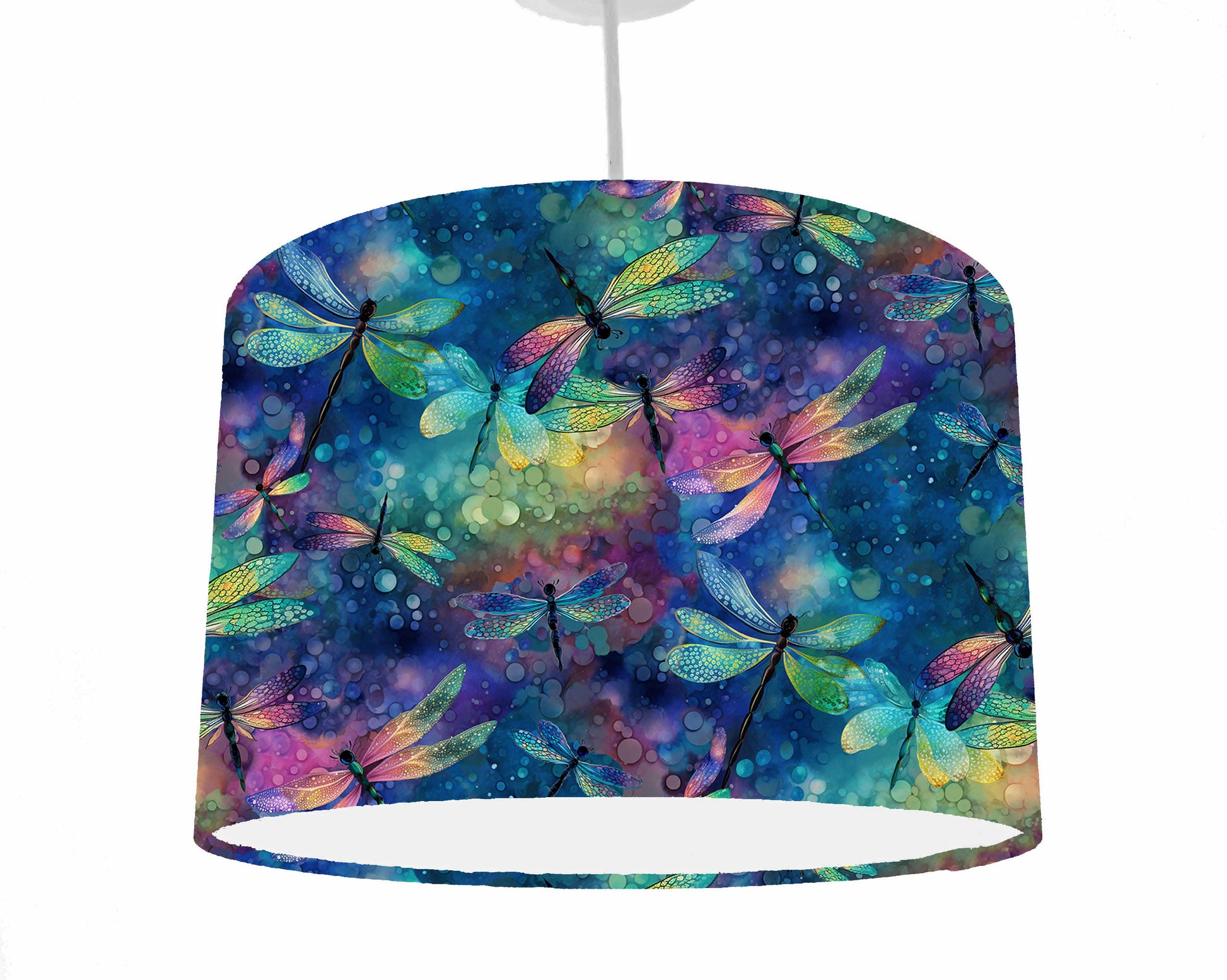 Watercolour effect dragon flies drum light shade. With hues of blue, pink, purple and gold, this is the ceiling light pendant view
