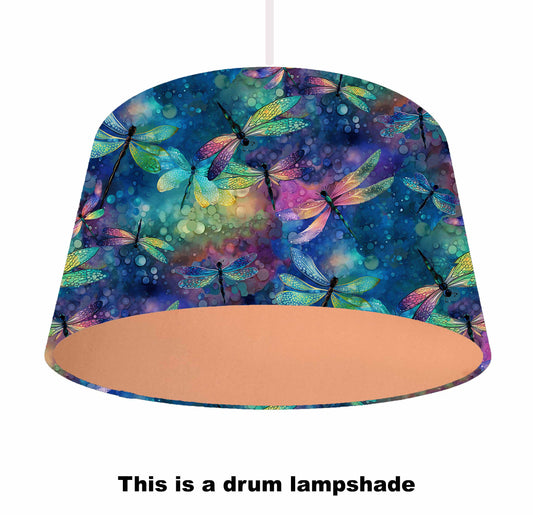 a colourful dragonfly lampshade with a brushed copper/bronze lining, this is the ceiling light shade view