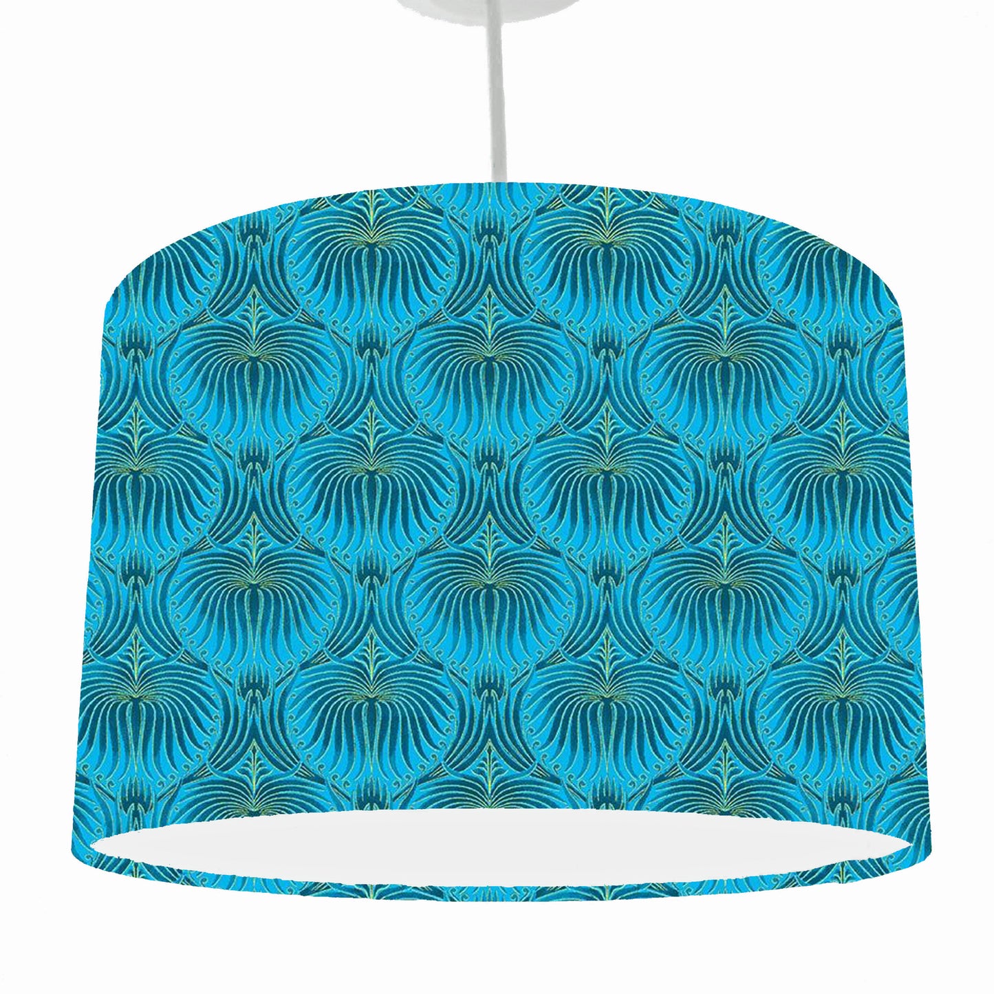 Blue Turquoise Fan Feather Lampshade, Geometric Home Decor, White Lining