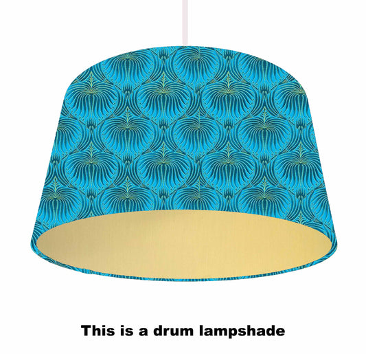 Blue Turquoise Fan Feather Lampshade, Geometric Home Decor, Brushed Metallic Lining
