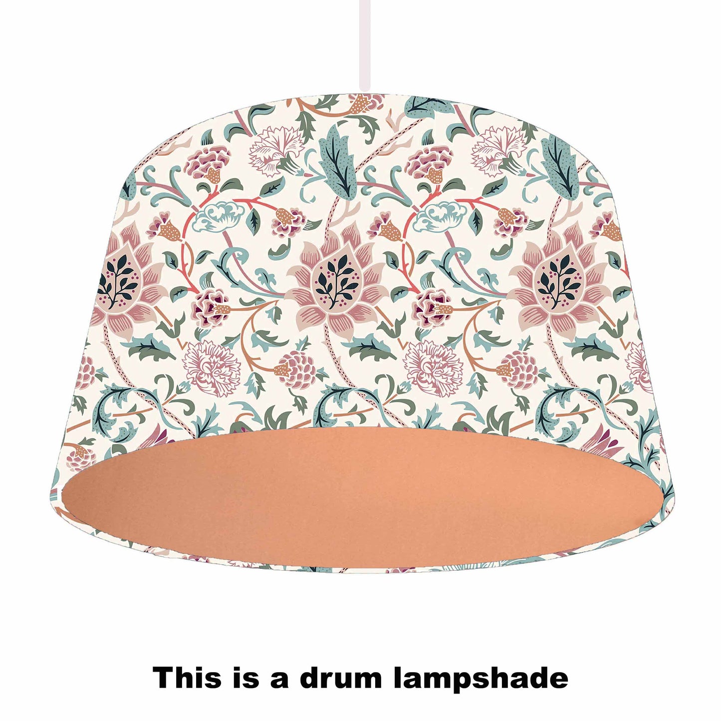 William Morris Evenlode pink and blue drum lampshade in copper lining