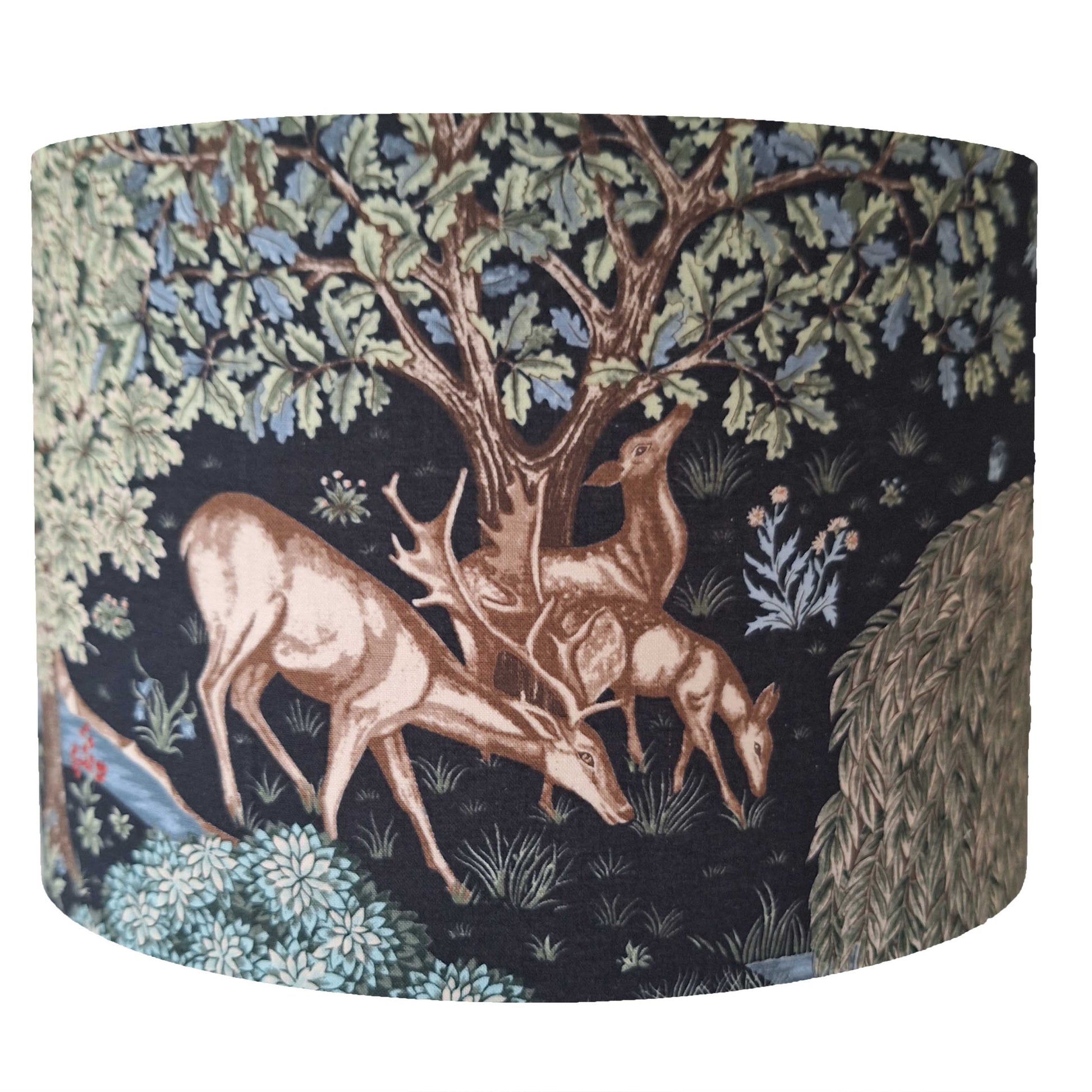Morris Granada drum lampshade, wood scene with a group of deers set on a dark background