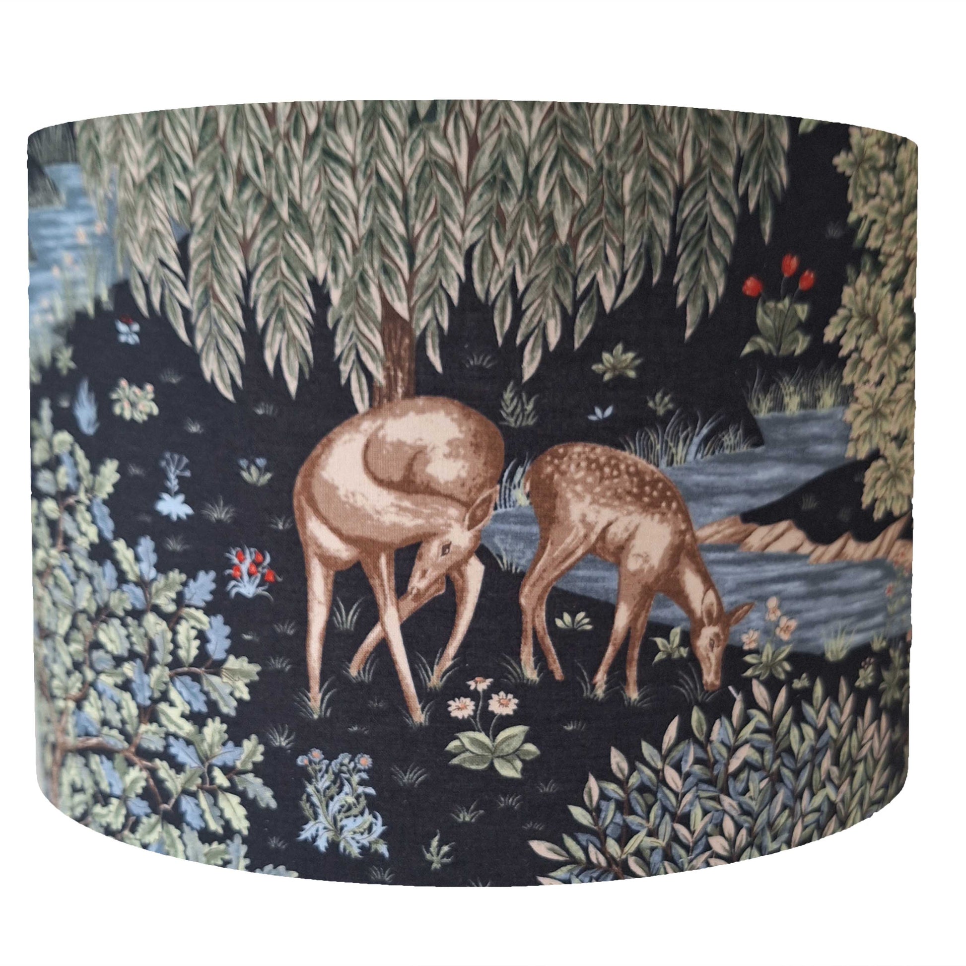 William Morris Granada Drum Lampshade, woodland scene with deers on dark background