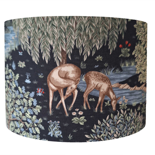 William Morris Granada Drum Lampshade, woodland scene with deers on dark background