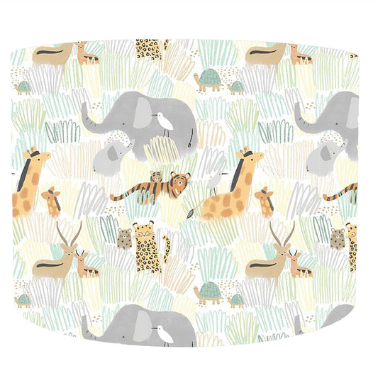 A drum lampshade with safari animals such as tiger, giraffe, elephants. A pastel coloured lampshade. Front view.