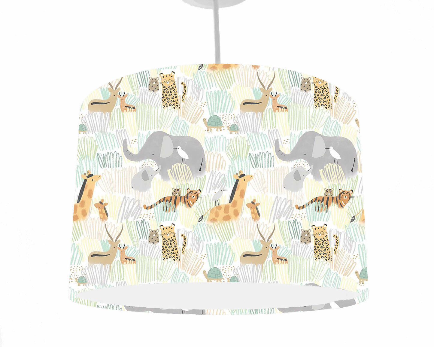 Jungle animals such as elephants, giraffe, tigers set on a white background. Drum lampshade which is on a ceiling light fixture.