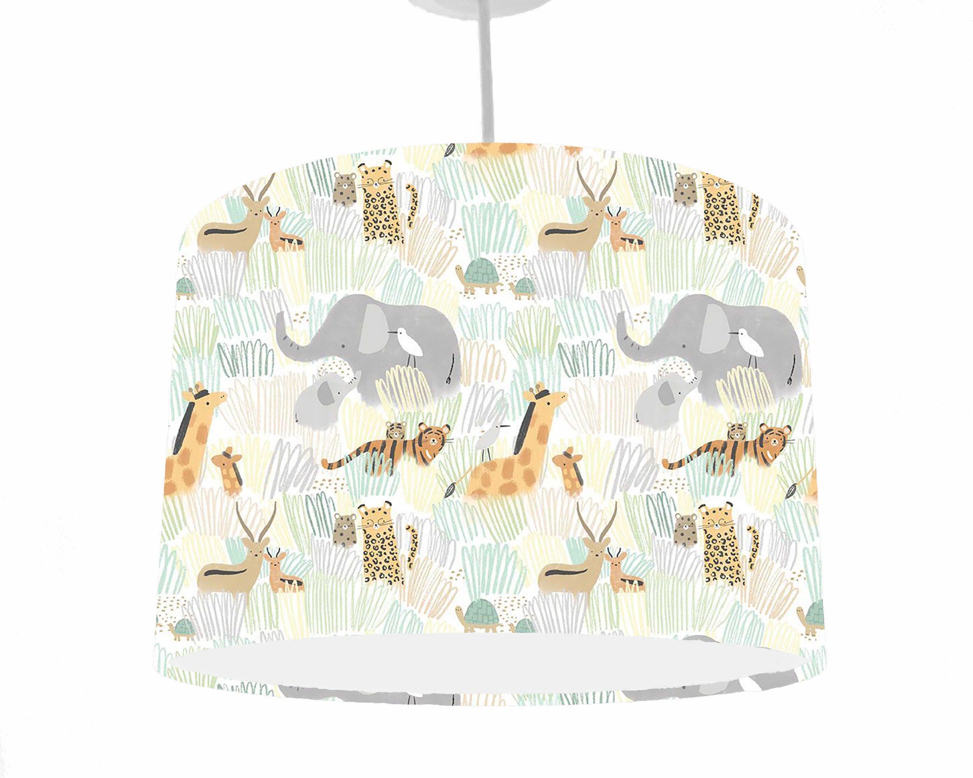 Jungle animals such as elephants, giraffe, tigers set on a white background. Drum lampshade which is on a ceiling light fixture.
