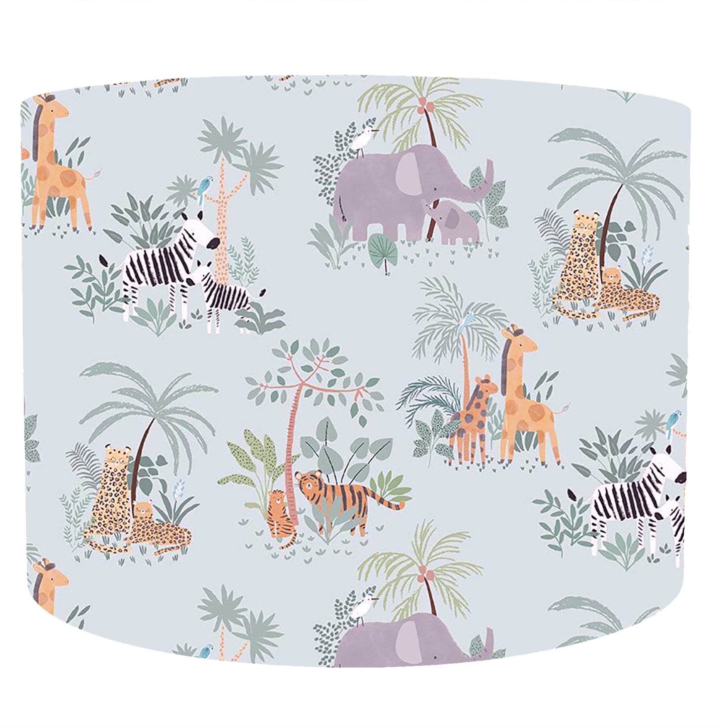 Safari animals themed drum lampshade set on a pastel blue background. Front view.