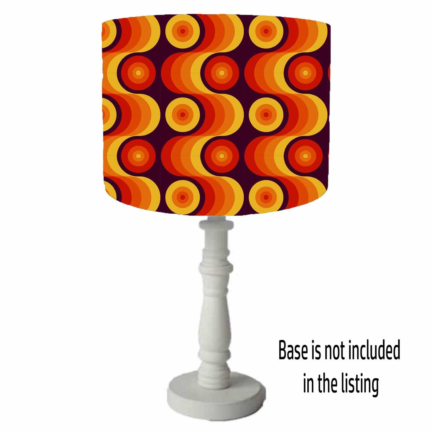 Red, orange, yellow and brown concentric circles style lampshade, table lamp view