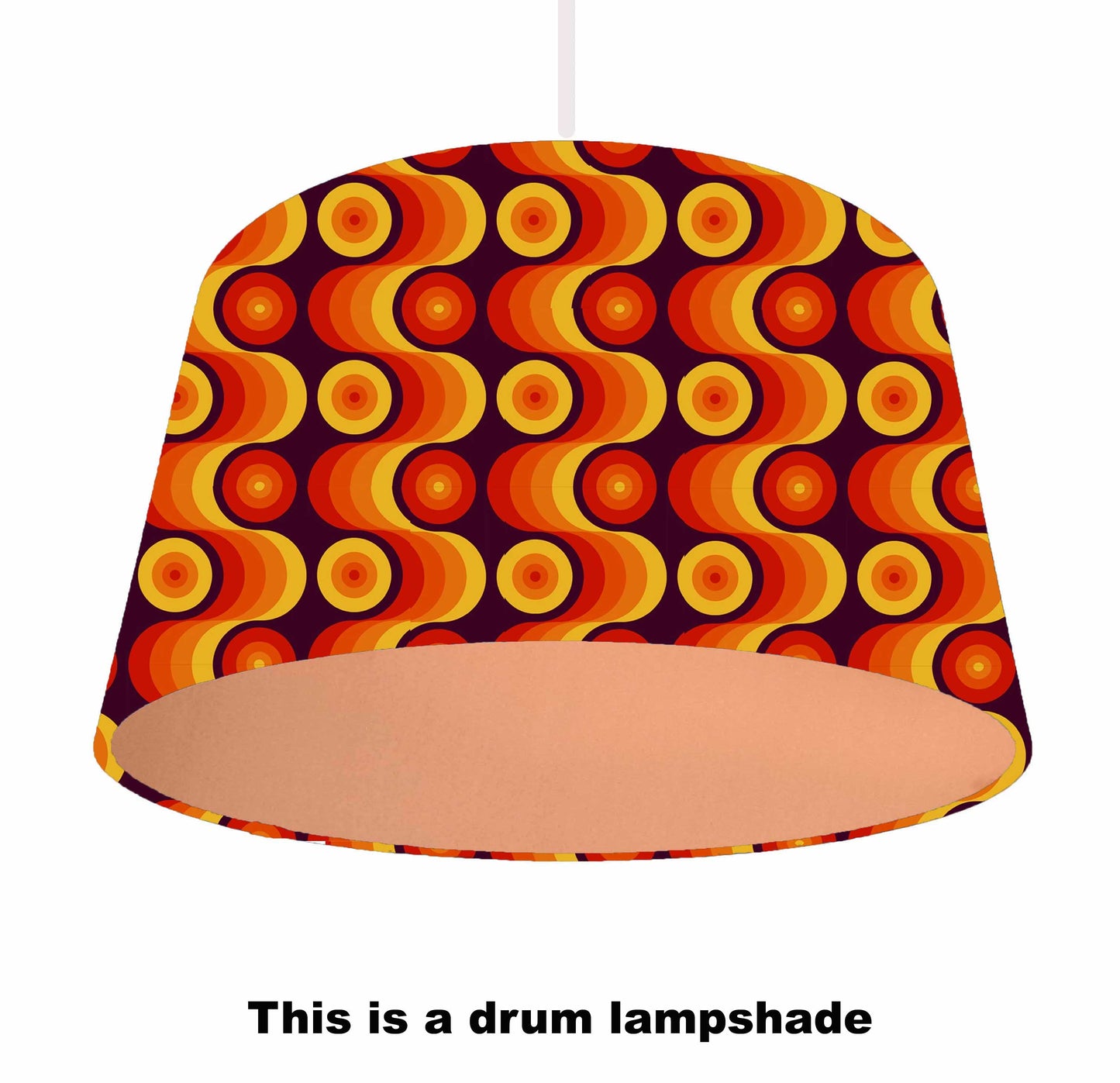 Funky retro themed lampshade in shades of yellow, orange and brown. Copper lining, ceiling light view