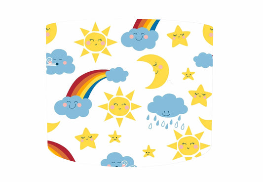 A fun sunshine, moon, rainbow themed drum lampshade, front view