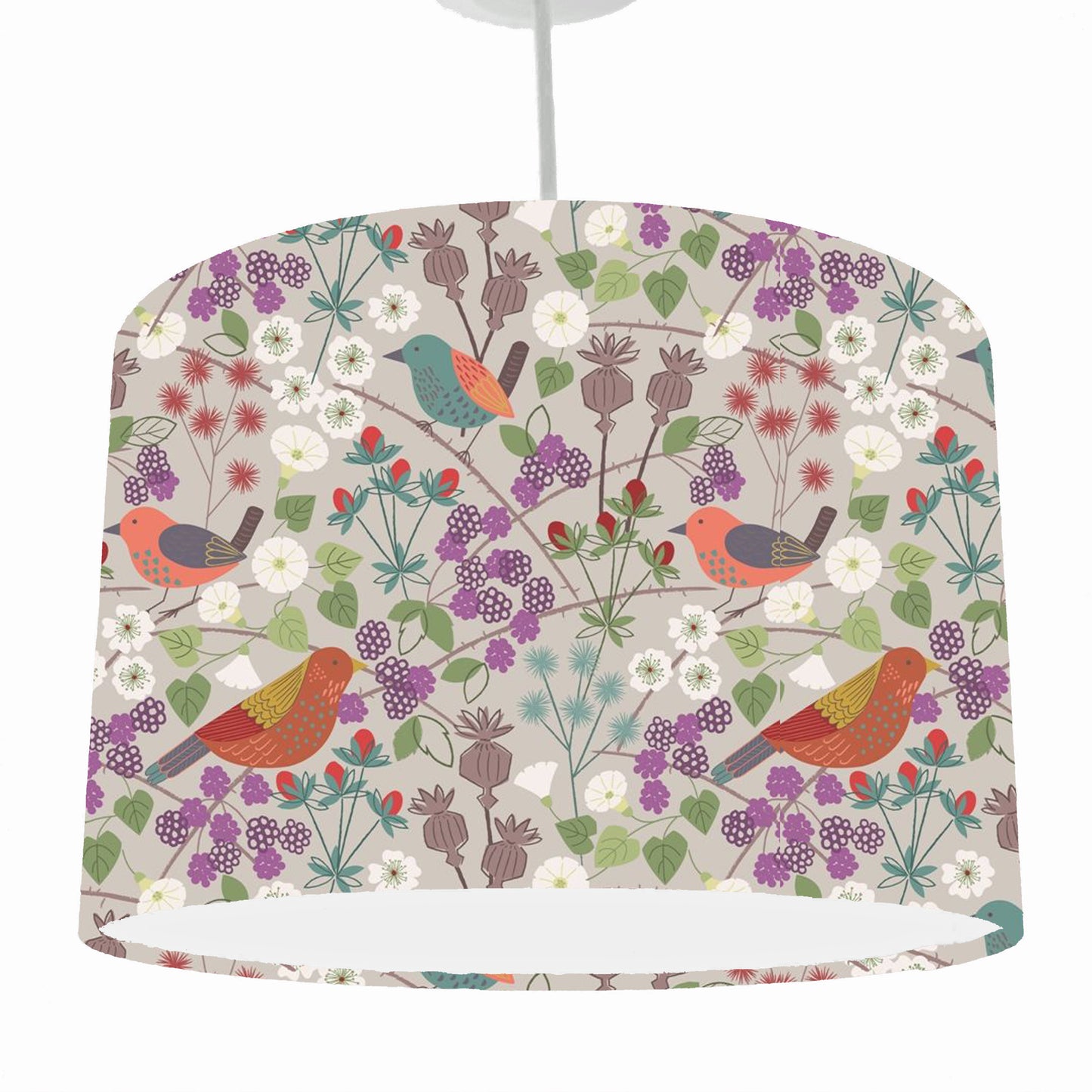 Birds In Hedgerow, Cream Lampshade, White Lining