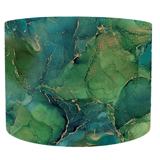 Green, teal and gold marbled drum lampshade, front view