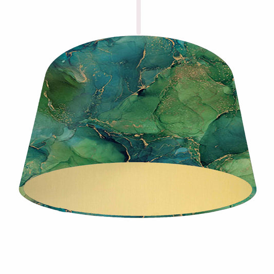 Blue and green with gold detailing geode themed drum lampshade. Ceiling light view