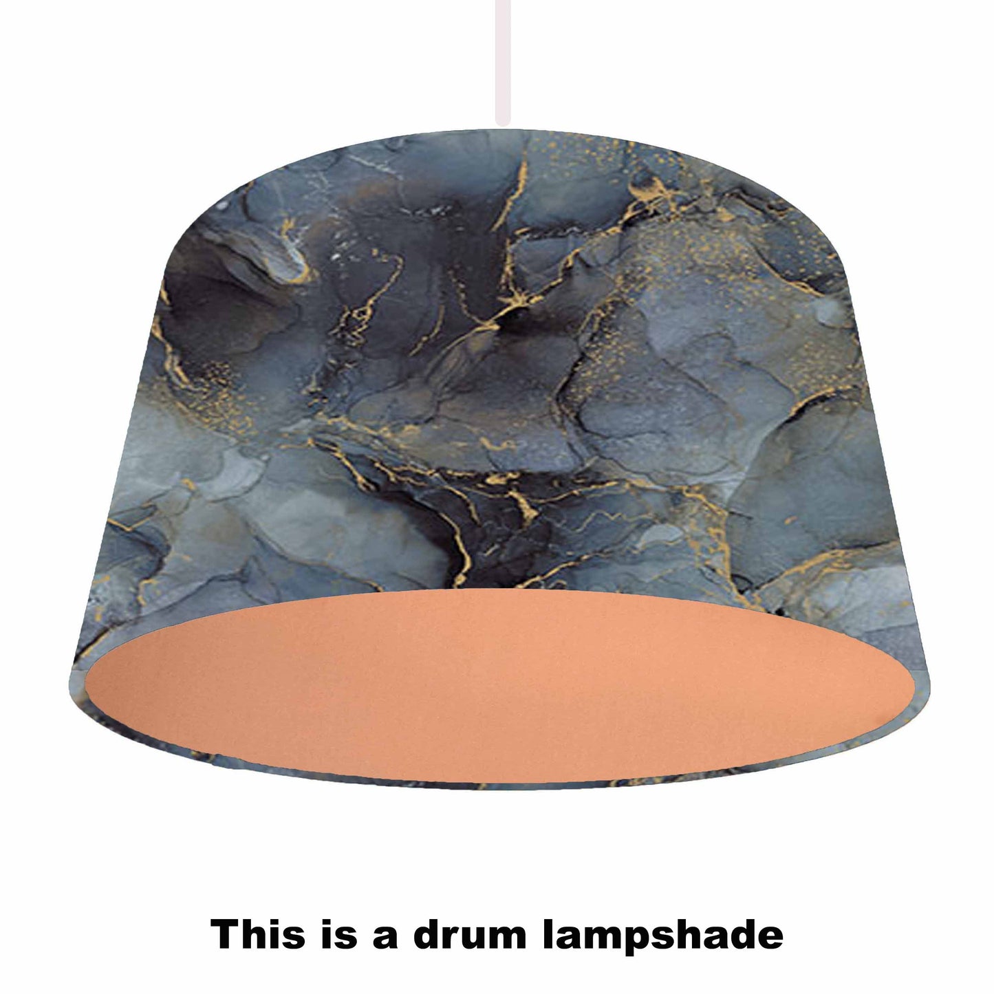 blue storm grey drum lampshade with copper lining, ceiling light view