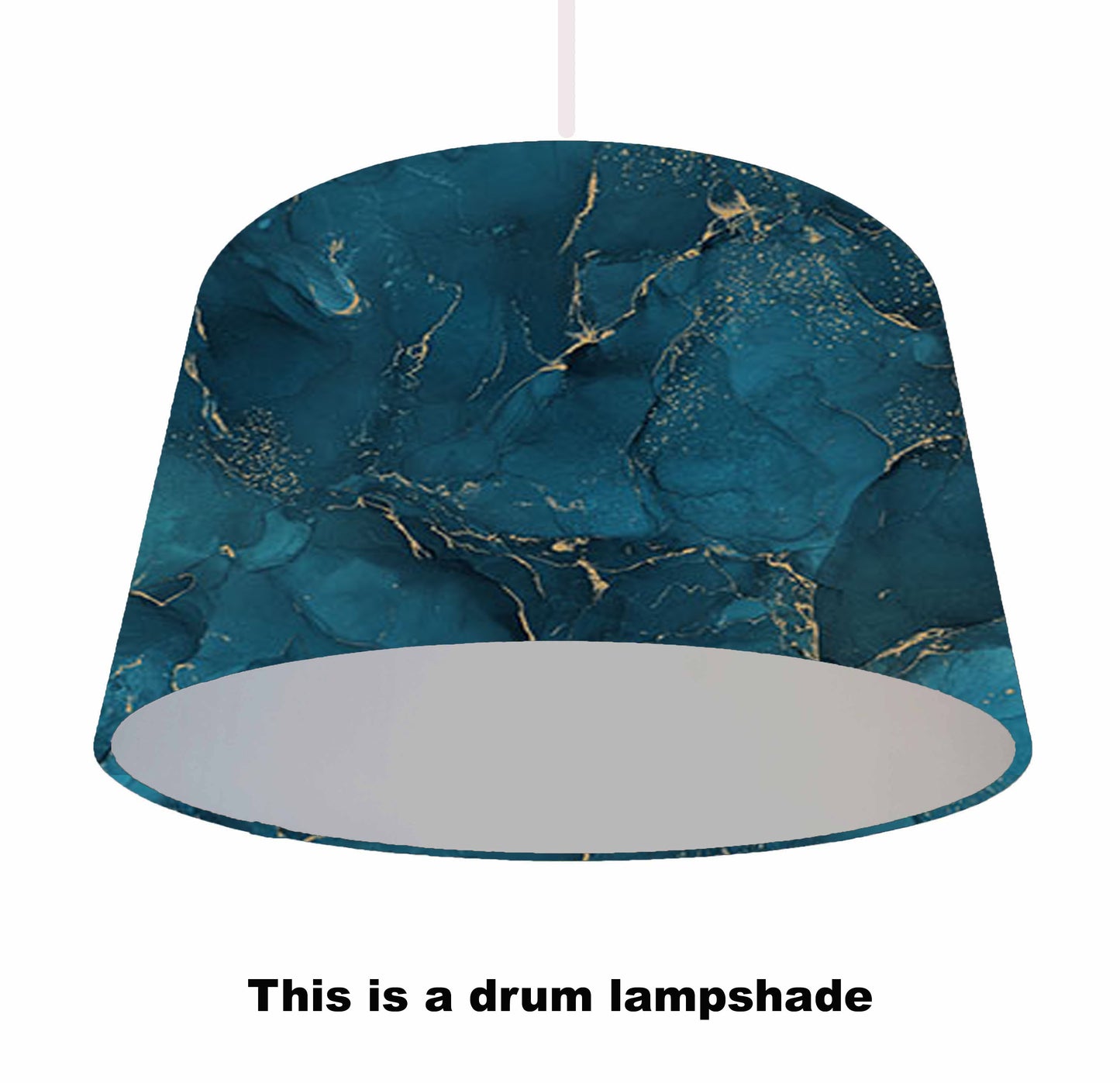 cyan blue and gold lampshade with silver lining, ceiling light view