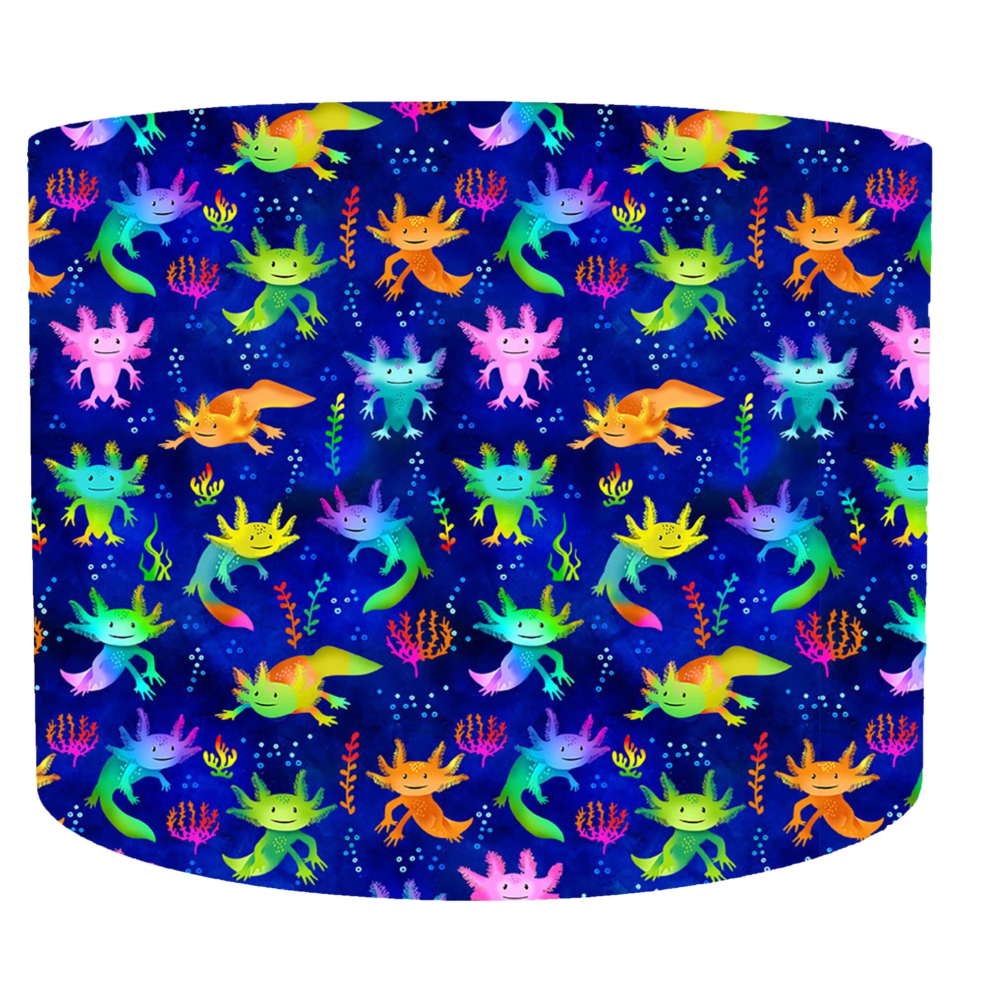 blue pink green orange axolotl drum lampshade, front view