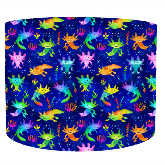 blue pink green orange axolotl drum lampshade, front view