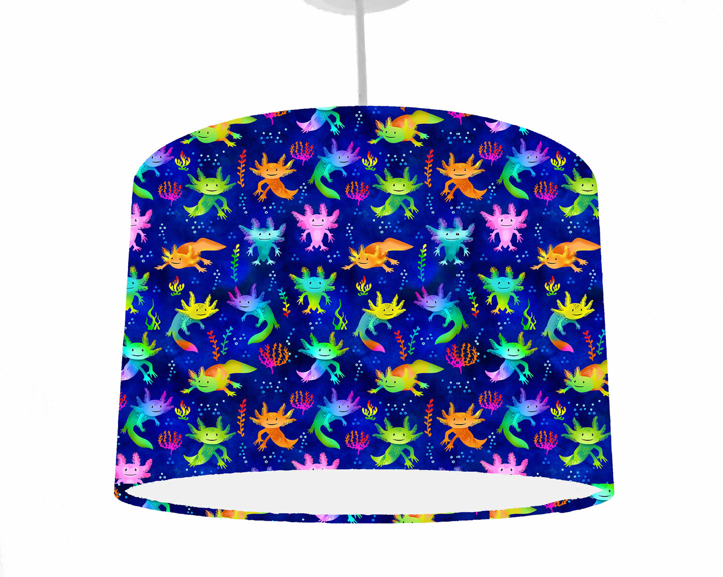 bright and fun axolotl ceiling drum light shade, ceiling light view