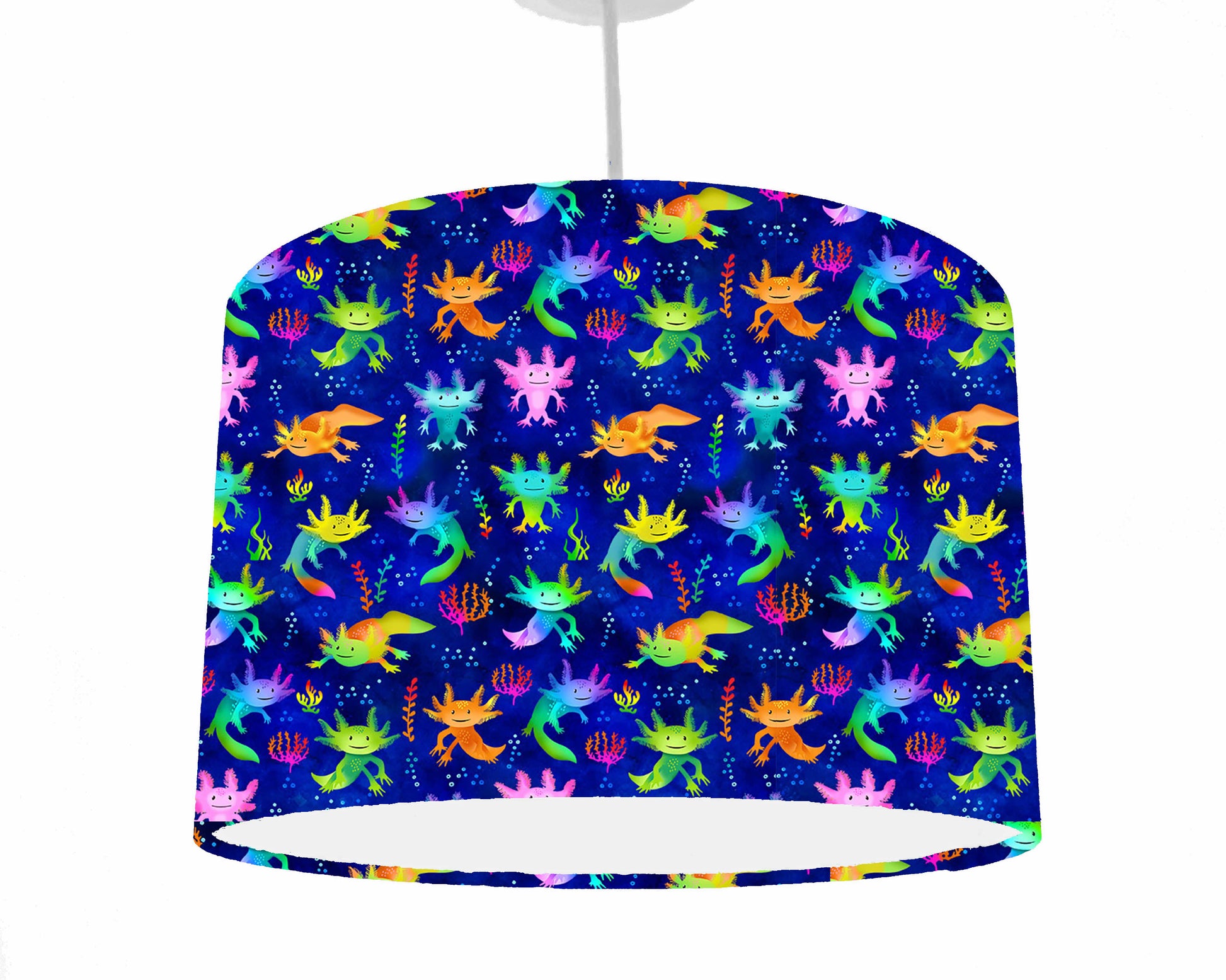 bright and fun axolotl ceiling drum light shade, ceiling light view