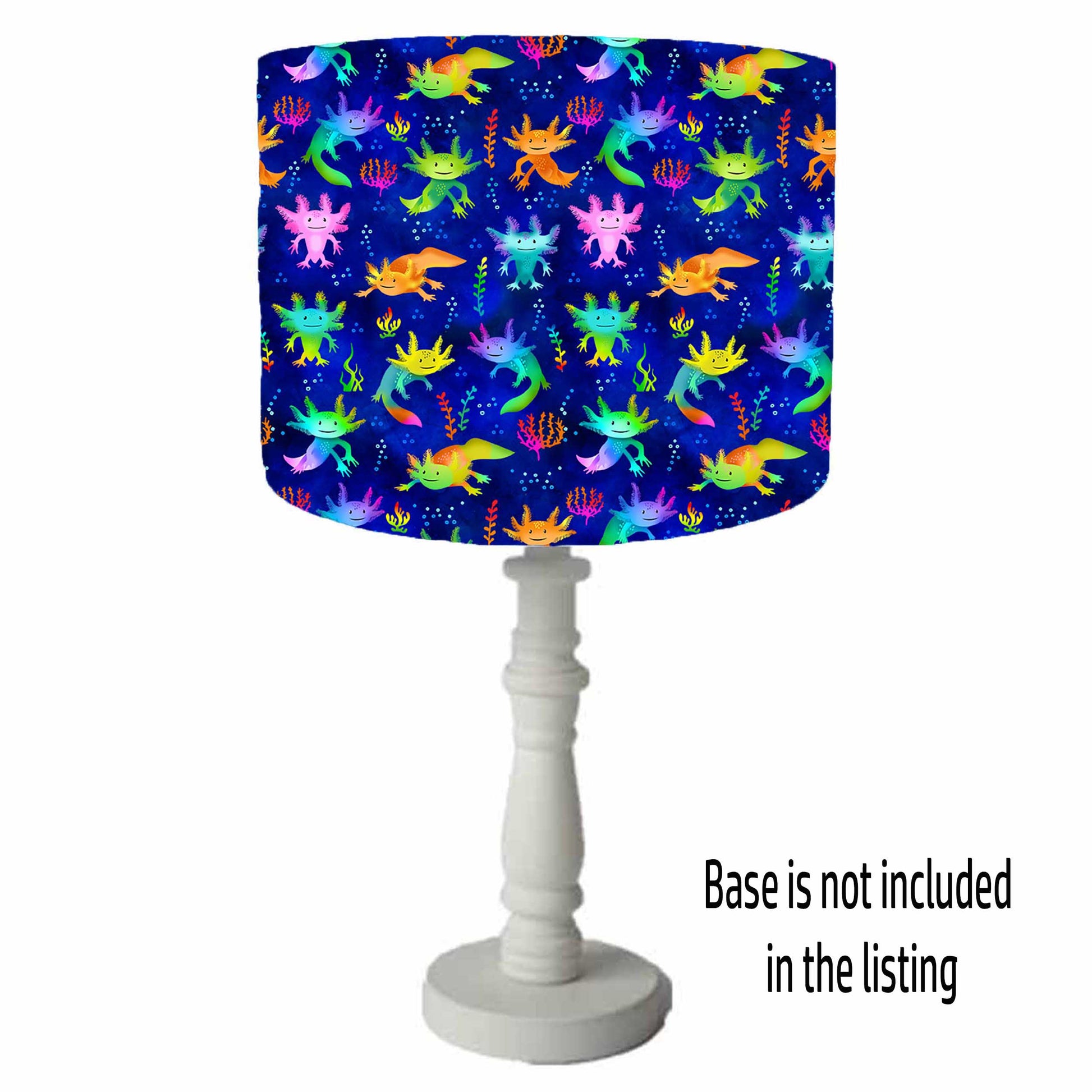 colourful axolotl drum lampshade on bright blue background, table lamp view