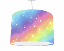 Load image into Gallery viewer, pastel rainbow galaxy drum ceiling light shade with white stars across an ombre effect lampshade
