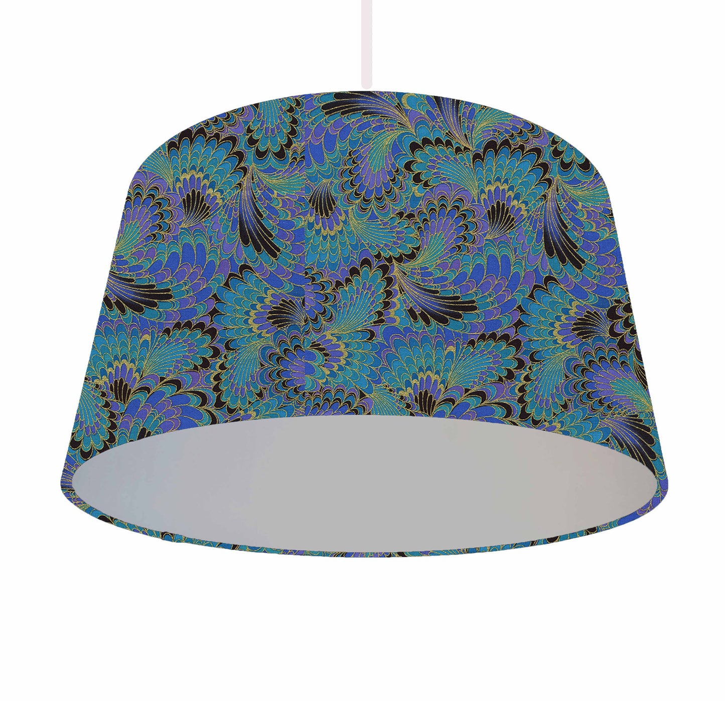 Blue And Gold Peacock Feather Lampshade, Metallic Lining