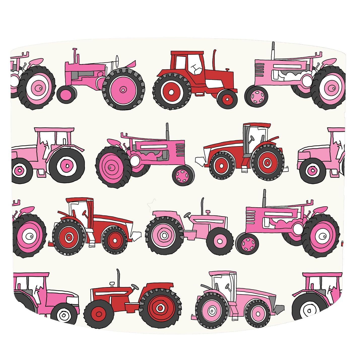 pink and red tractors drum lampshade, front view
