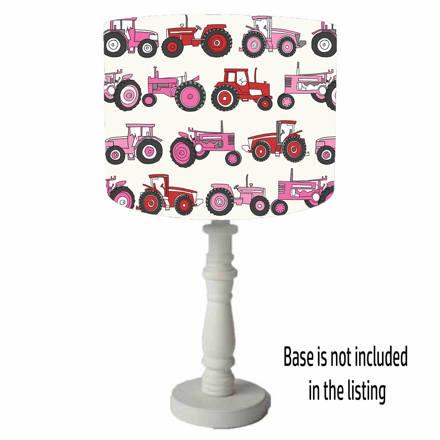 pink tractor table lampshade, view from a table lamp base