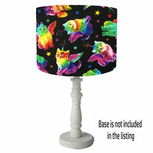 Load image into Gallery viewer, bright and colourful unikitty lampshade with adorable kittens set on a black background table lamp shade for cat lovers
