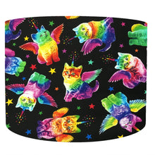 Load image into Gallery viewer, rainbow unicorn kittens set on a blackground, drum lampshade for fun people
