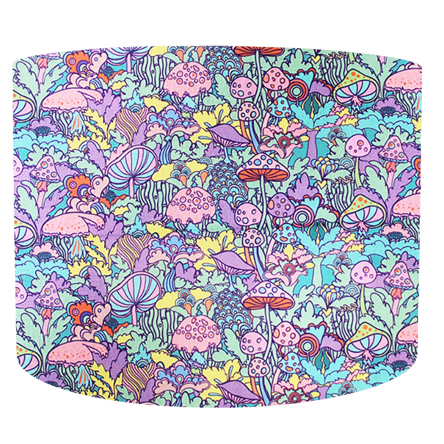 pastel toadstool drum lampshade with different fungi in pink purple and blue, front view