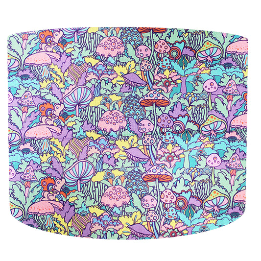 pastel toadstool drum lampshade with different fungi in pink purple and blue, front view