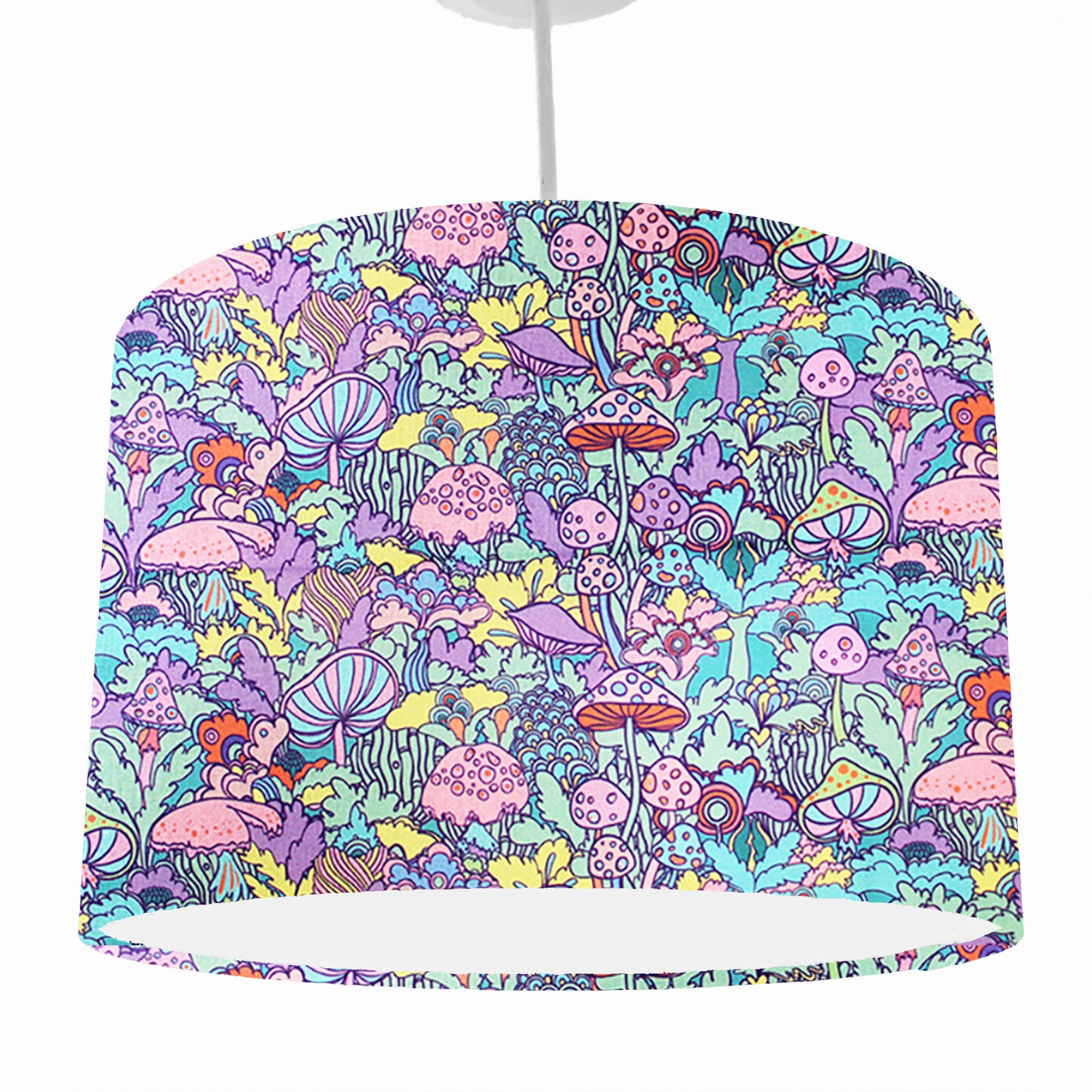ceiling light shade with bright pastel toadstool and mushroom. ceiling light view