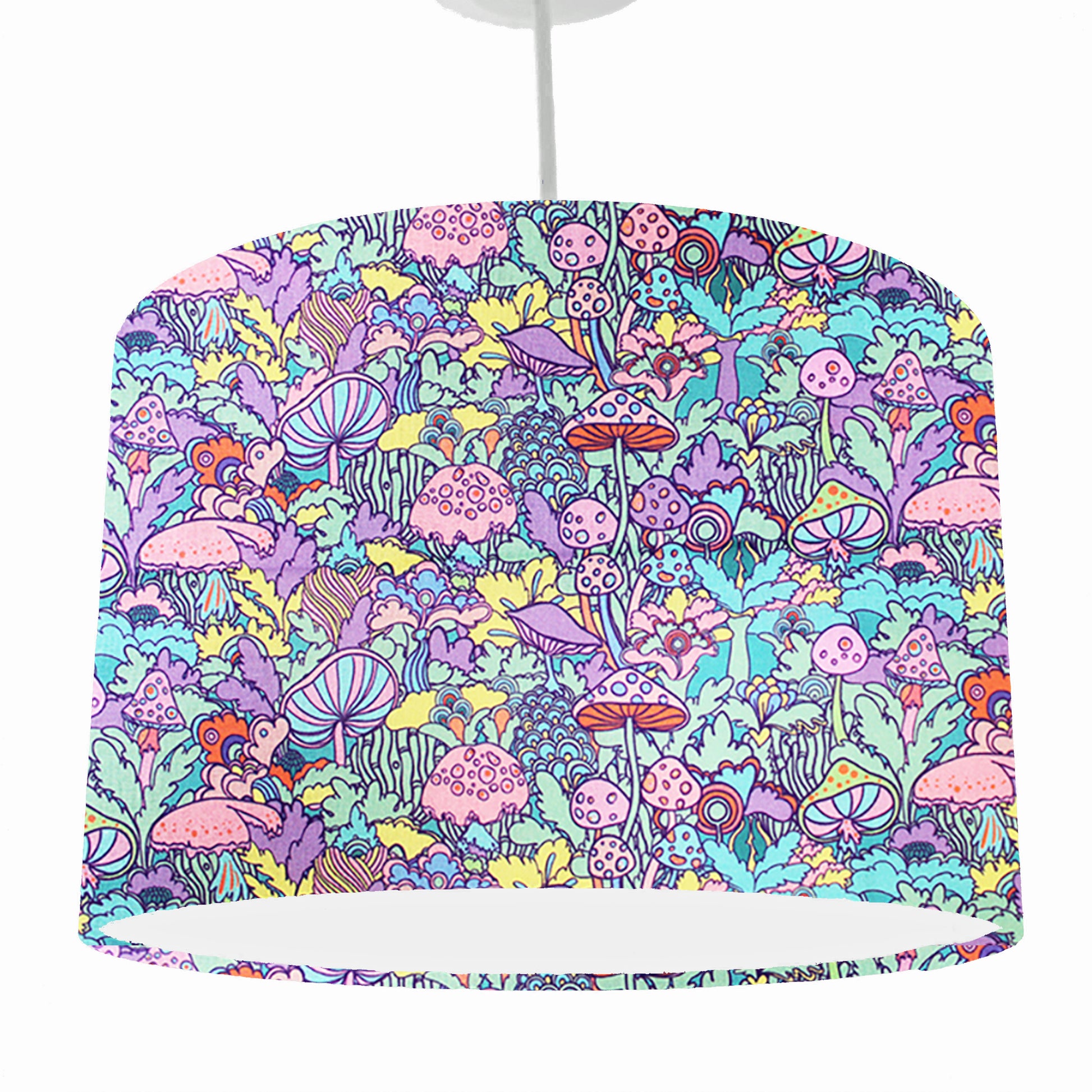 ceiling light shade with bright pastel toadstool and mushroom. ceiling light view